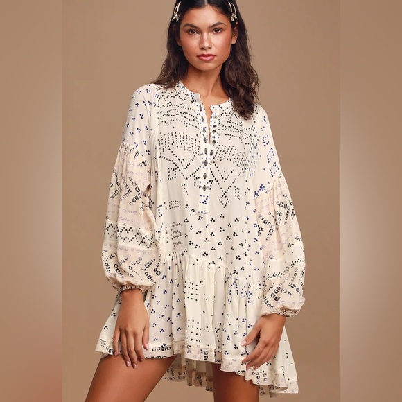 Free People Shibori Ivory Print Long Sleeve Button-Up Tunic Size Large - Picture 1 of 5
